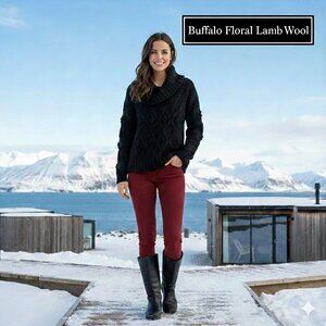 NWOT Buffalo Women L Thick LambWool Sweater Asymmetrical Collar Cable Knit Flora